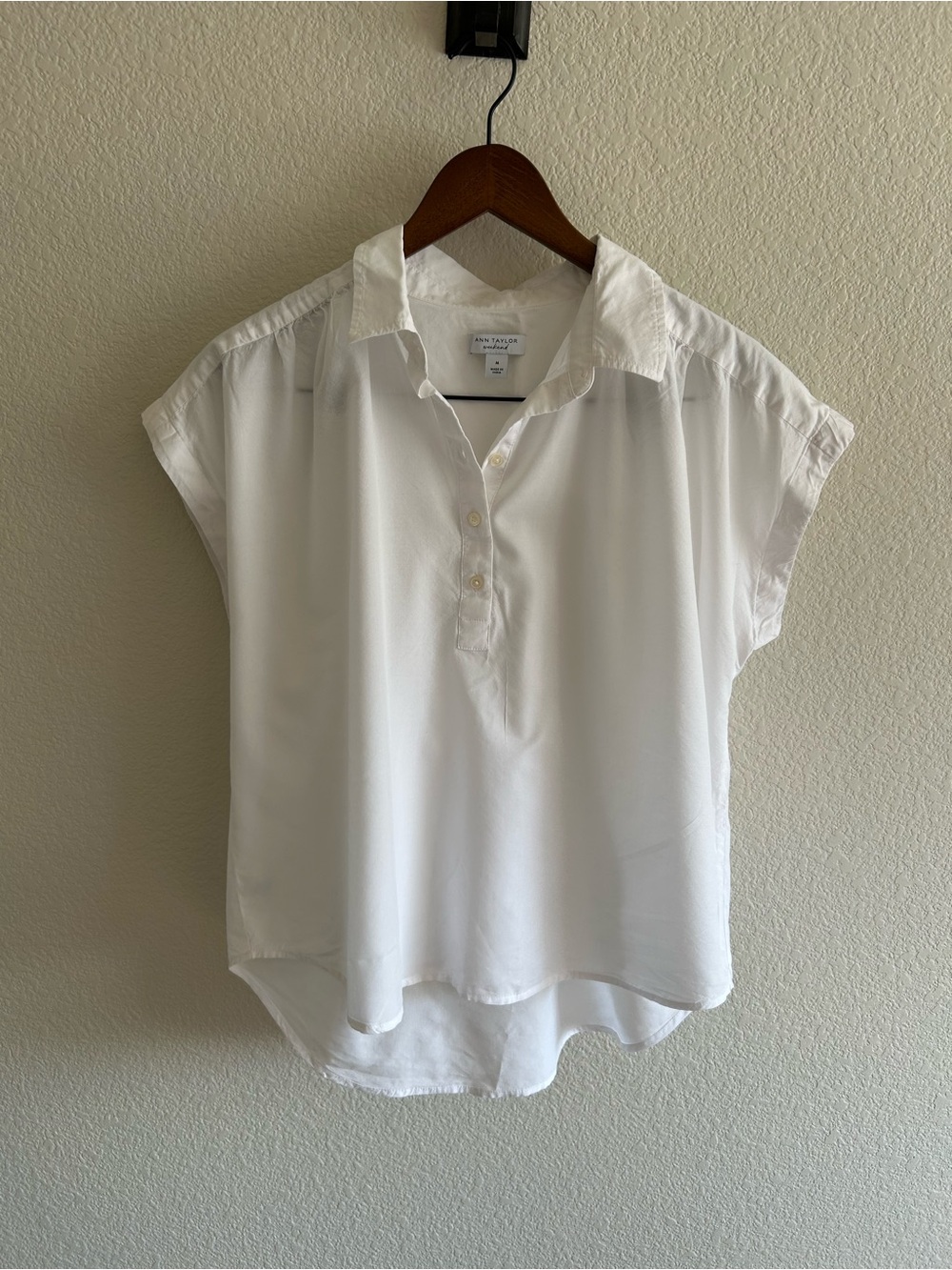 Ann Taylor White Short-Sleeve Button Polo Blouse